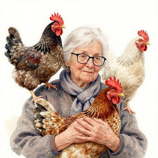 Digital illustration of an elderly woman with white hair, glasses, and gray scarf, holding a brown hen while two chickens, one black and one white,