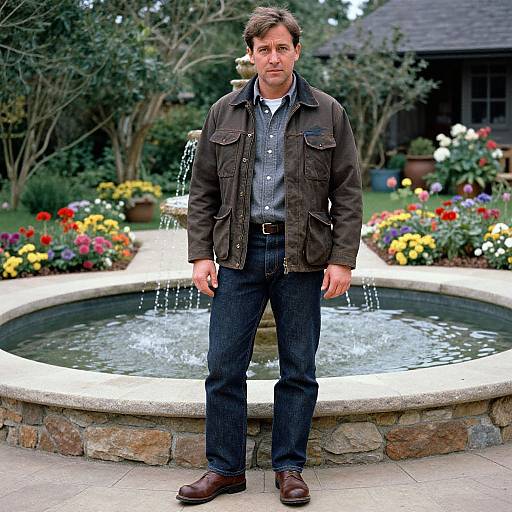 Photograph of a middle-aged man with brown hair, wearing a dark jacket, checkered shirt, and blue jeans, standing in front of a circular