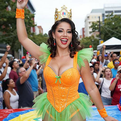 Photograph of a joyful, curvy Latina woman in an orange and green sparkly costume, crown, and orange wristbands, cheering at a vibrant
