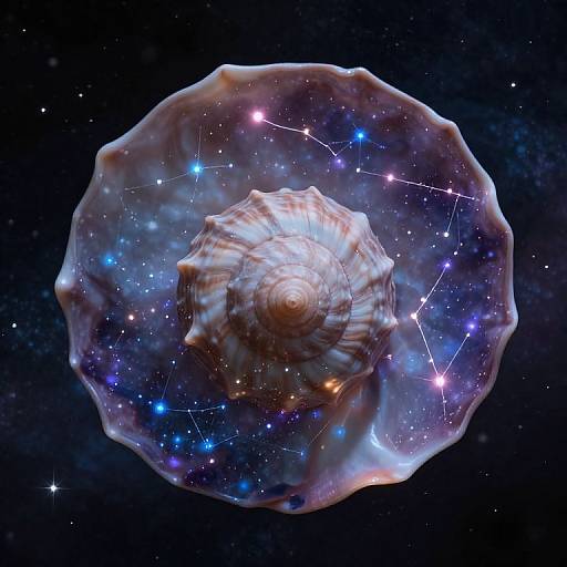 Digital artwork of a spiral galaxy resembling a seashell, surrounded by stars and a constellation, set against a dark cosmic background.