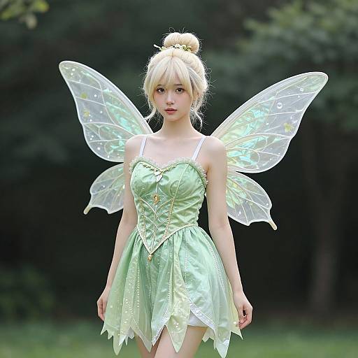 Photograph of a blonde, fair-skinned fairy with translucent wings, wearing a green, strapless, corseted dress, standing in a forest