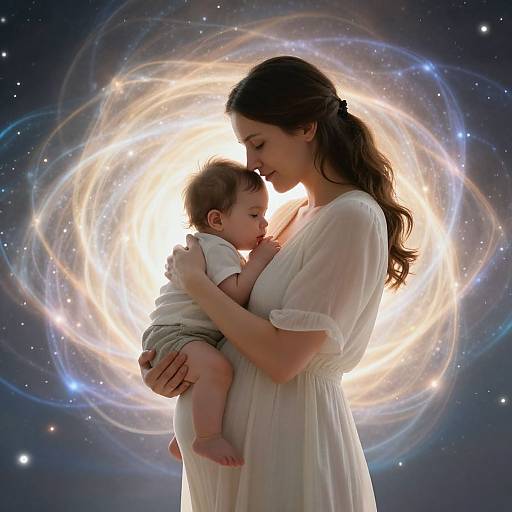Photograph-like digital artwork of a serene, dark-haired woman in a white dress, holding a baby, against a glowing, swirling galaxy background.