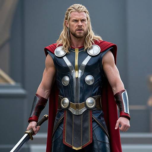 Photograph of a muscular, blonde-bearded man with long hair, wearing a black and silver armored costume with red cape, holding a sword, standing