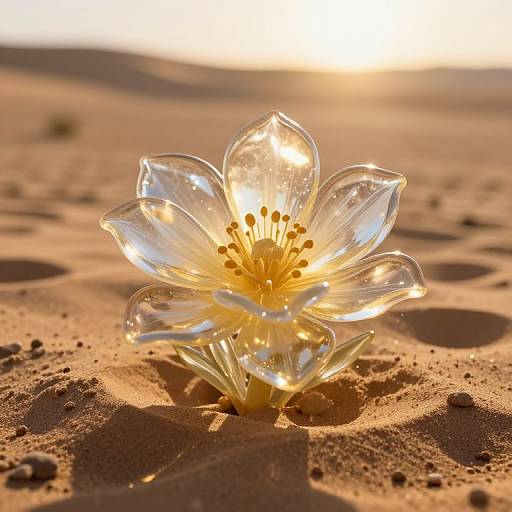 Photograph of a glowing, transparent glass flower with yellow stamens on a sandy beach at sunset, casting golden reflections.