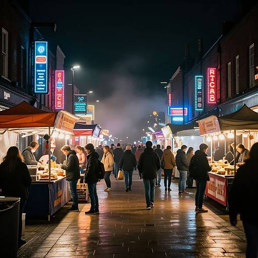 Night market photograph: Neon signs illuminate a bustling street, people in winter clothes walk past brightly lit food stalls, mist in the background.
