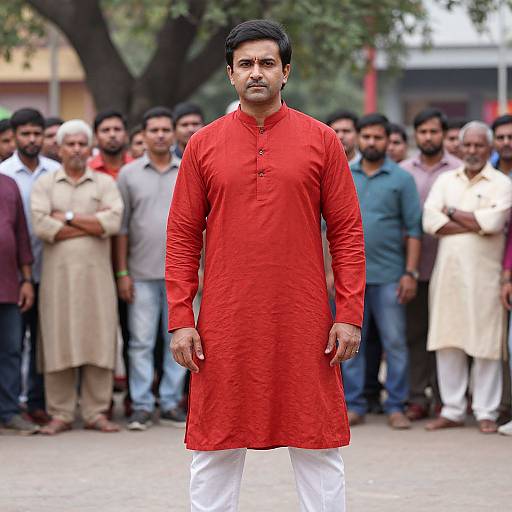 Photograph of a serious-looking South Asian man in a bright red traditional kurta, standing in front of a group of men in varied traditional and modern