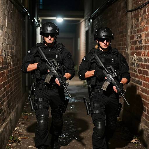 Photograph of two male SWAT officers in black tactical gear and helmets, holding rifles, walking down a dimly lit, narrow, brick alleyway at