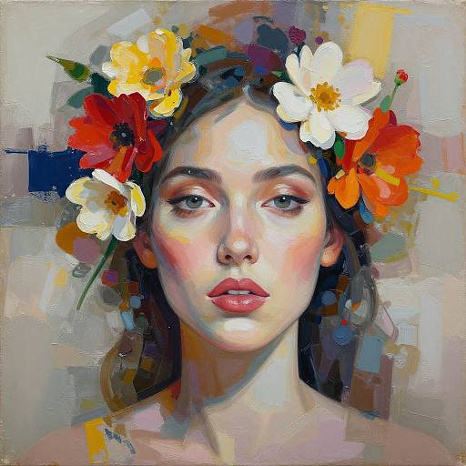 Digital painting of a fair-skinned woman with pink lips, brown eyes, and dark brown hair, adorned with a colorful flower crown of white, yellow