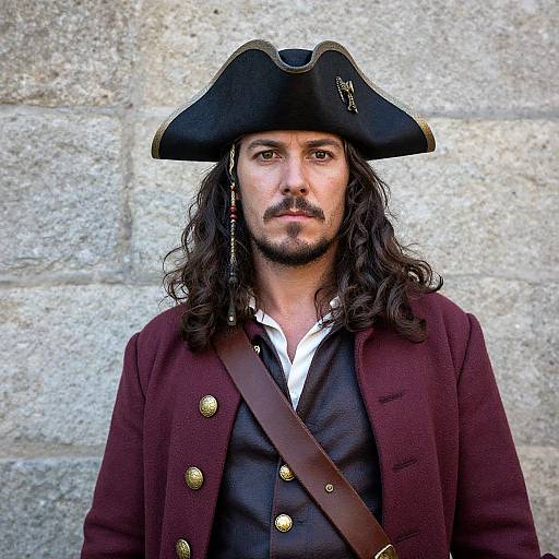 Photograph of a long-haired, mustached man in a black tricorne hat, maroon coat, white shirt, and brown vest, standing