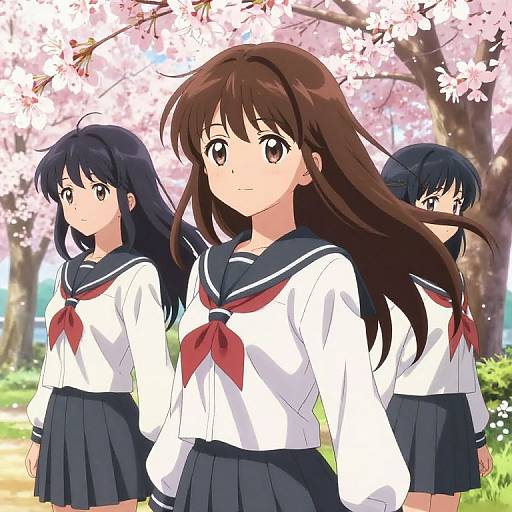 Brunette Anime Girls in Cherry Blossom Park