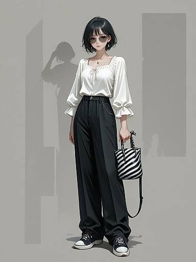 Digital illustration of a pale-skinned, black-haired woman in a white blouse, black high-waisted pants, and black sneakers, holding a striped