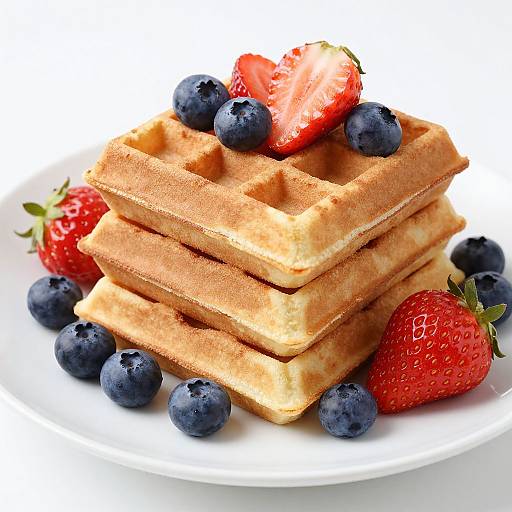 Photograph of a stack of four golden waffles topped with blueberries and strawberries, on a white plate against a bright background.