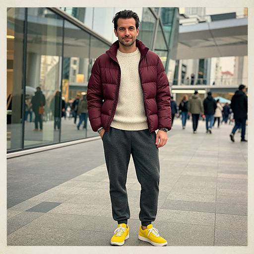 Photograph of a bearded man with dark hair, wearing a maroon puffer jacket, white sweater, gray pants, and yellow sneakers, standing