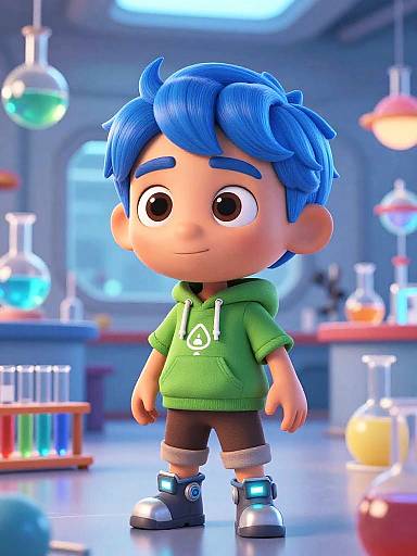 3D Cartoon Boy in Futuristic Lab