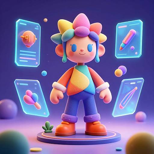 Vibrant 3D CGI of a smiling, colorful flower-headed character with rainbow hair, red-orange jacket, and blue pants, surrounded by glowing