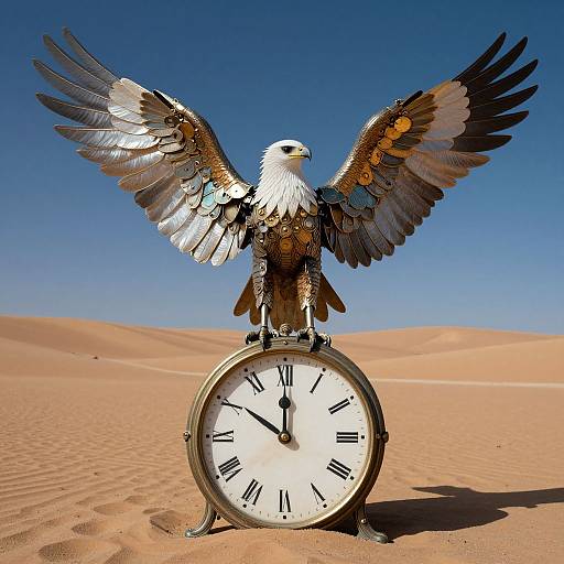 Photograph of a detailed, life-sized eagle statue with outstretched wings perched on a large, white clock face in a bright, sandy desert