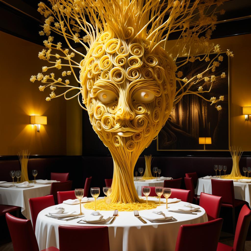 Surreal Spaghetti Tree Sculpture with Face