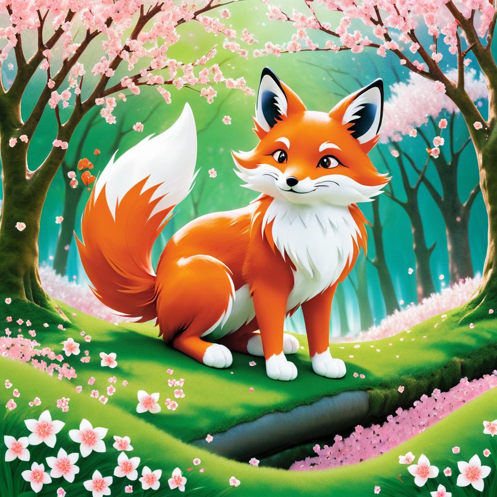 Whimsical Fox Spirit in Cherry Blossoms