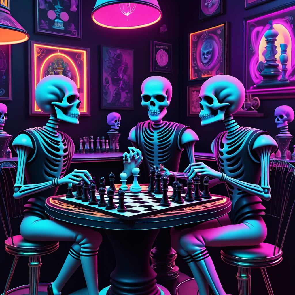 Skeletons in a Vintage Bar Playing Chess