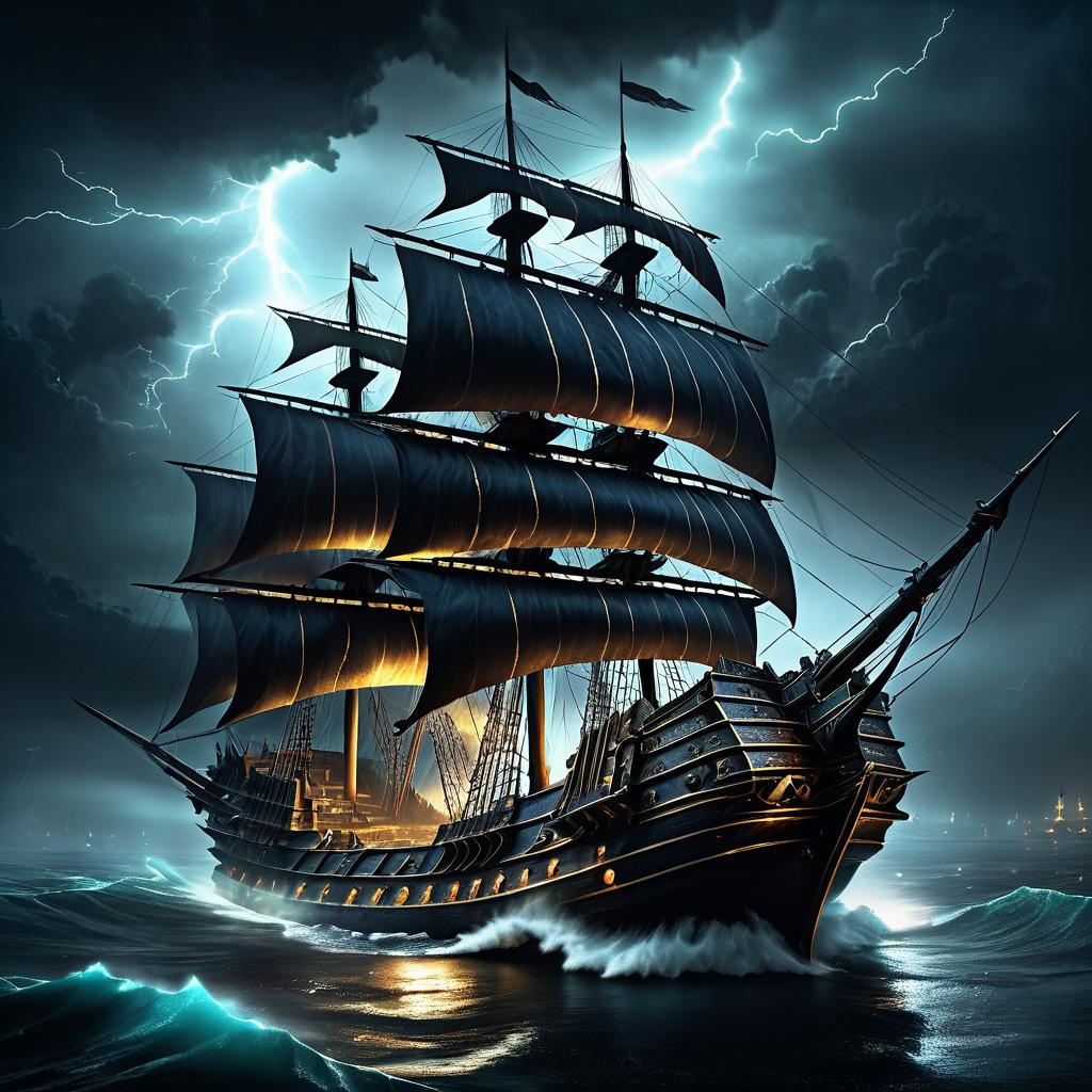 Epic Ancient War Ship on Tempestuous Sea