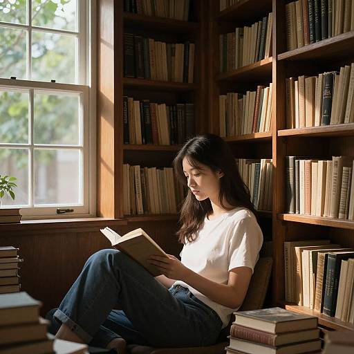 Photograph of an Asian woman with long black hair, wearing a white t-shirt and blue jeans, reading a book in a sunlit library. Wooden
