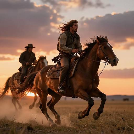 Photograph of two Native American riders on galloping horses at sunset, with long hair flowing, wearing traditional attire, against a cloudy sky.