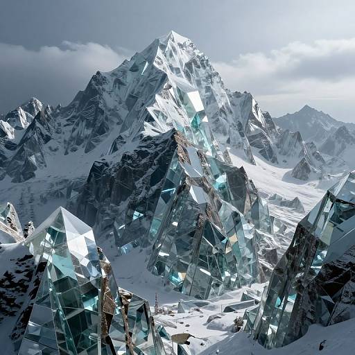 Photograph of a snow-covered mountain peak with geometric, crystal-like glass structures reflecting light, set against a cloudy sky.