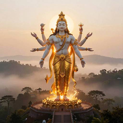 Photograph of a massive, illuminated statue of a multi-armed Hindu deity with blue skin, golden attire, standing on fire, surrounded by misty