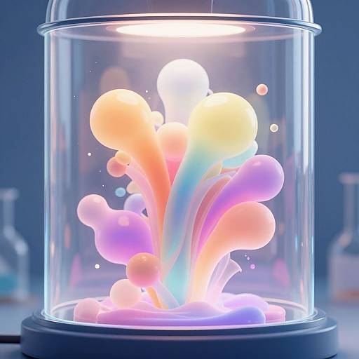 Photograph of a glowing, colorful, abstract sculpture with pink, orange, and purple lights inside a clear glass dome on a dark blue background.