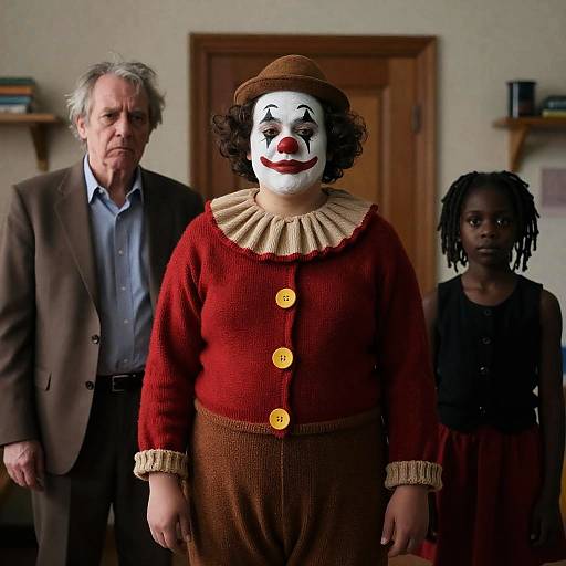 Eerie Gathering: Clown and Two Figures