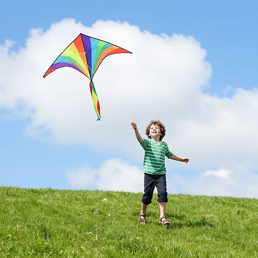 Photograph of a young boy with curly brown hair, wearing a green striped shirt and black shorts, flying a colorful rainbow kite on a sunny, grass