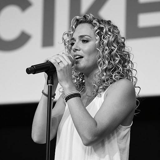 Blonde Woman Singing into Microphone
