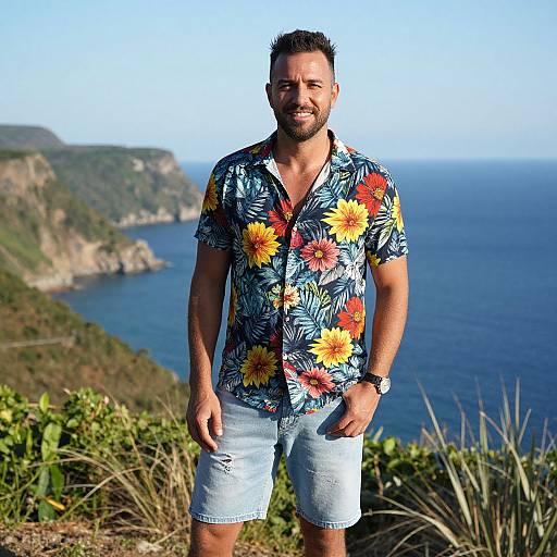Photograph of a muscular, bearded man with short dark hair, wearing a colorful Hawaiian shirt and denim shorts, standing on a cliff with a coastal