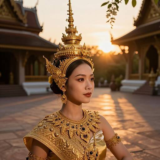 Photograph of an elegant Asian woman in golden traditional Thai royal attire, adorned with intricate headpiece and jewelry, standing in a sunlit courtyard at sunset