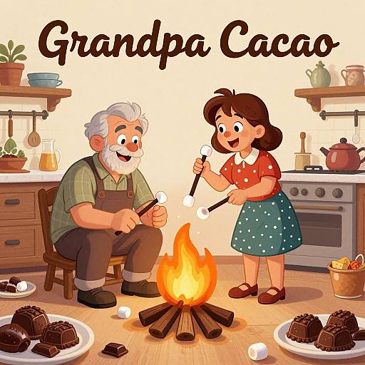 Cartoon illustration of elderly white bearded man and brown-haired woman roasting marshmallows over a campfire in a cozy kitchen. 