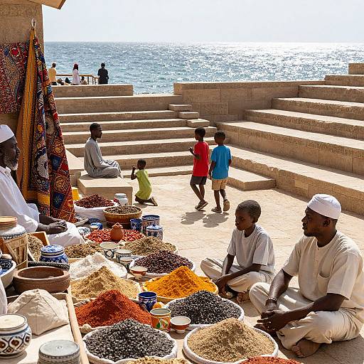 Photograph of a vibrant seaside market stall with colorful spices and textiles, two elderly African men in white, children playing, steps leading to the ocean in