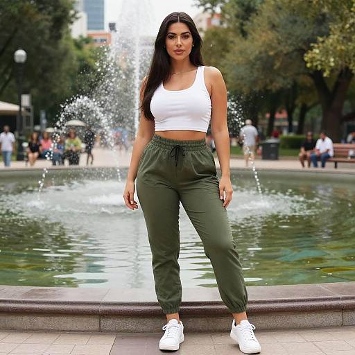 Photograph of a young woman with long black hair, wearing a white crop top, olive green pants, and white sneakers, standing in front of a