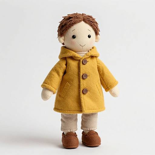 Photograph of a plush doll with brown hair, wearing a yellow woolen coat, brown shoes, beige pants, and three brown buttons.