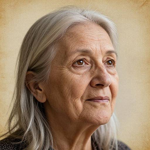 Photograph of an elderly woman with long, white hair, wrinkles, and brown eyes, looking slightly upward with a gentle smile, against a textured beige