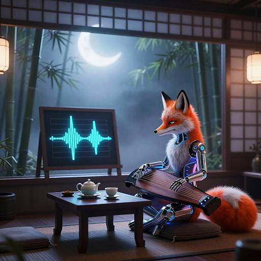 Cybernetic Fox in Neon Tea House