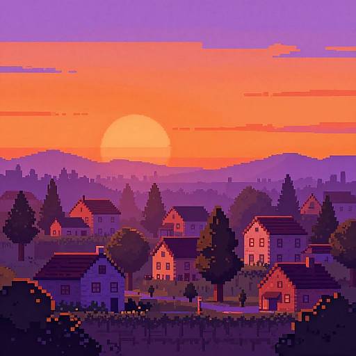 Pixel art of a vibrant sunset over a suburban neighborhood with colorful houses, trees, and a large sun in the background.