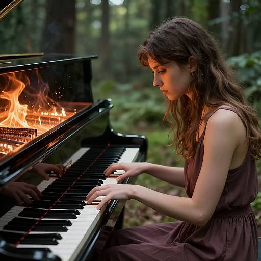 Photograph of a young woman with long brown hair playing a black grand piano with flames inside, wearing a sleeveless mauve dress, in a lush