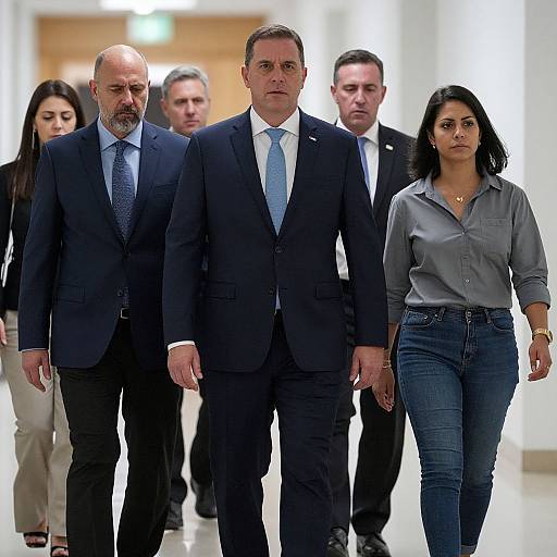 Serious Group Walking Through Hallway