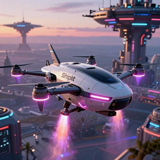 Photorealistic CGI of a futuristic white drone with neon purple lights and thrusters, flying over a sci-fi cityscape at sunset.