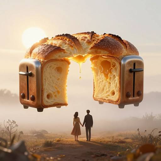Photorealistic CGI of a couple walking towards a floating, giant, toasted sandwich with a sunburst effect behind it, in a misty, desert