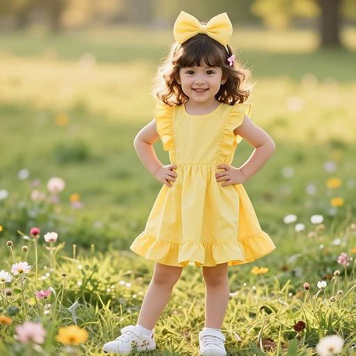 Photograph of a smiling young girl with wavy brown hair, wearing a bright yellow dress and matching bow, standing in a sunlit meadow with