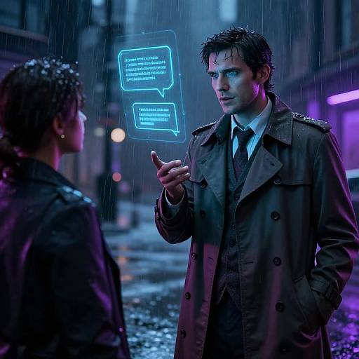Photograph of a rain-soaked, neon-lit urban street scene featuring a wet, blue-eyed man in a brown trench coat, pointing at glowing