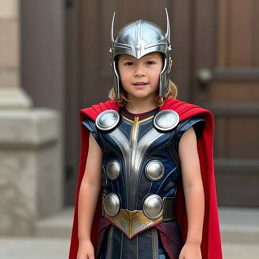 Photograph of a young girl in a silver superhero helmet, red cape, and black armor with metallic accents, standing outdoors.