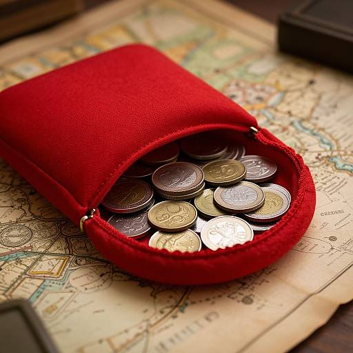 Photograph of a red fabric pouch filled with silver and gold coins, resting on an old, detailed map with colorful markings.