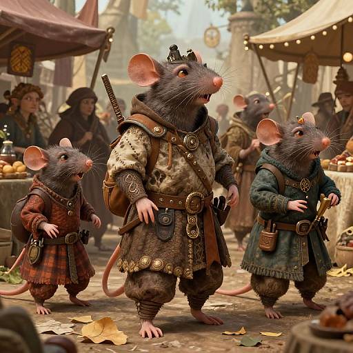 Fantastical CGI image of anthropomorphic rats in medieval attire, with detailed armor, hats, and cloaks, at a bustling outdoor market.